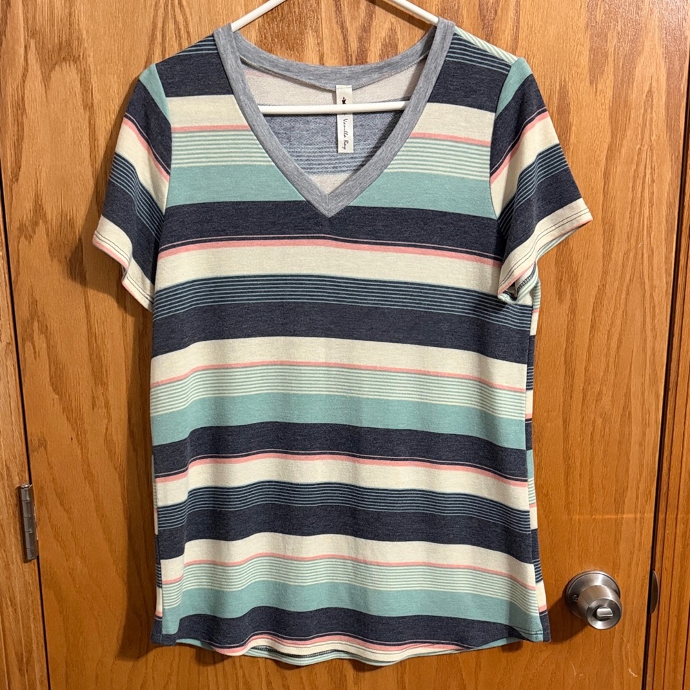 Vanilla Bay Short Sleeve V-Neck Stripe Tee in Mint, Navy, Pink  & Cream